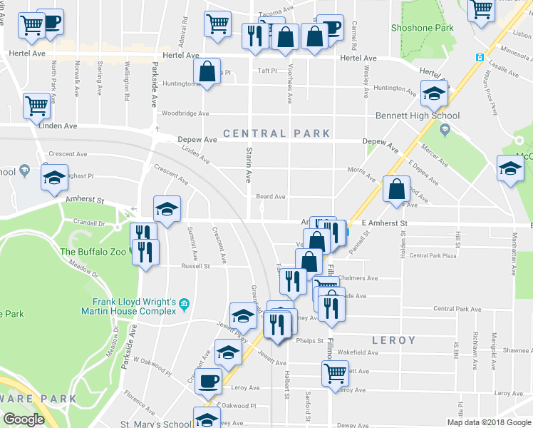map of restaurants, bars, coffee shops, grocery stores, and more near 1652 Amherst Street in Buffalo