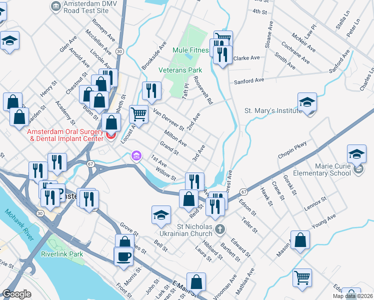map of restaurants, bars, coffee shops, grocery stores, and more near 45 1/2 Milton Avenue in Amsterdam