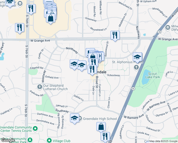 map of restaurants, bars, coffee shops, grocery stores, and more near 6799 Schoolway in Greendale