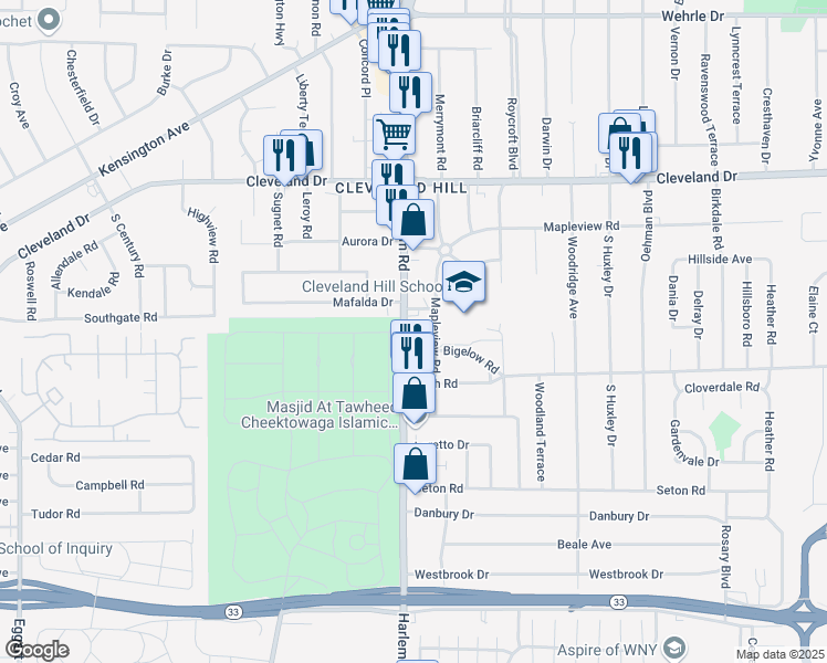 map of restaurants, bars, coffee shops, grocery stores, and more near 3559 Harlem Road in Buffalo