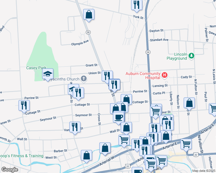 map of restaurants, bars, coffee shops, grocery stores, and more near 217 State Street in Auburn