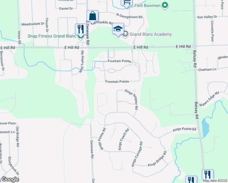 map of restaurants, bars, coffee shops, grocery stores, and more near 6130 Kings Shire Road in Grand Blanc