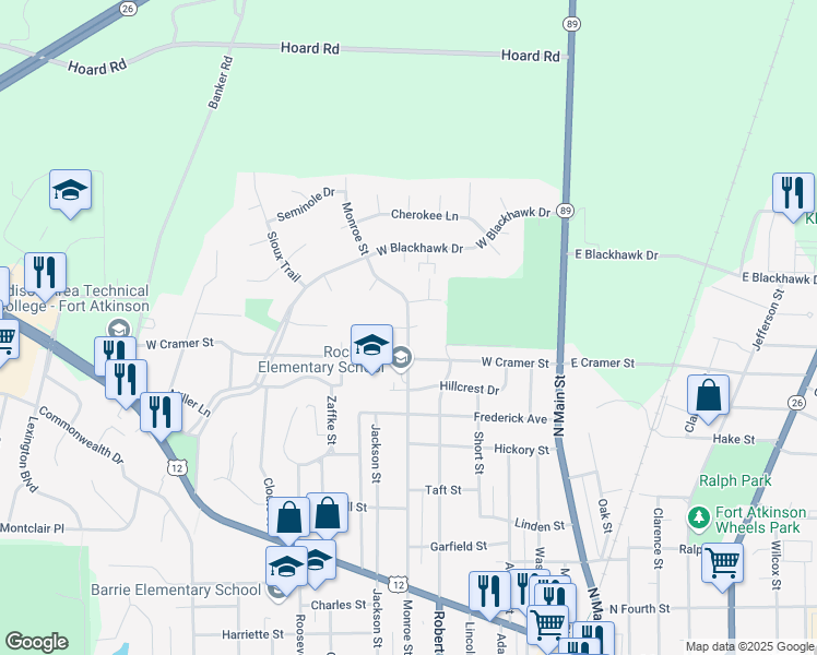 map of restaurants, bars, coffee shops, grocery stores, and more near 912 Monroe Street in Fort Atkinson