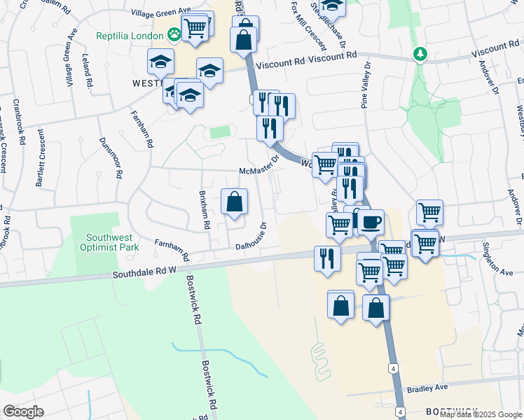 map of restaurants, bars, coffee shops, grocery stores, and more near Dalhousie Drive in London