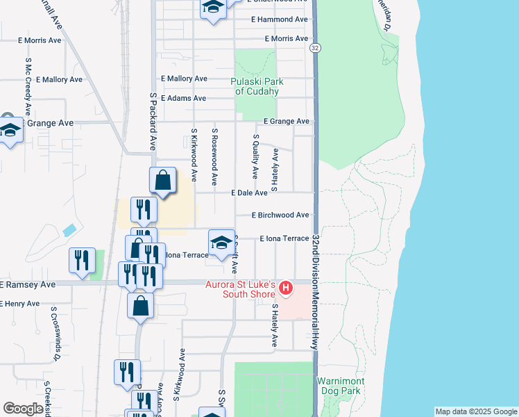 map of restaurants, bars, coffee shops, grocery stores, and more near 3848 East Birchwood Avenue in Cudahy