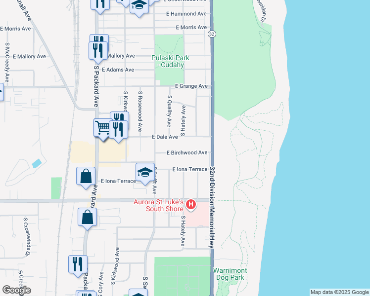 map of restaurants, bars, coffee shops, grocery stores, and more near 3908 East Birchwood Avenue in Cudahy