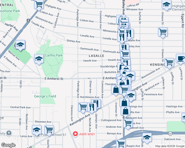 map of restaurants, bars, coffee shops, grocery stores, and more near 177 Berkshire Avenue in Buffalo