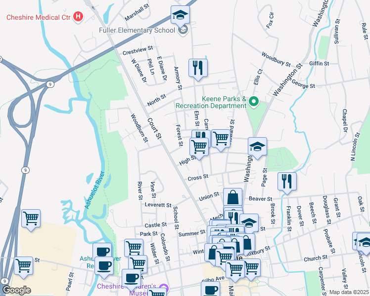 map of restaurants, bars, coffee shops, grocery stores, and more near 143 High Street in Keene