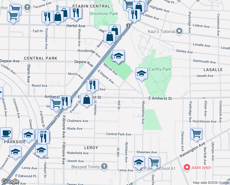 map of restaurants, bars, coffee shops, grocery stores, and more near 142 East Amherst Street in Buffalo