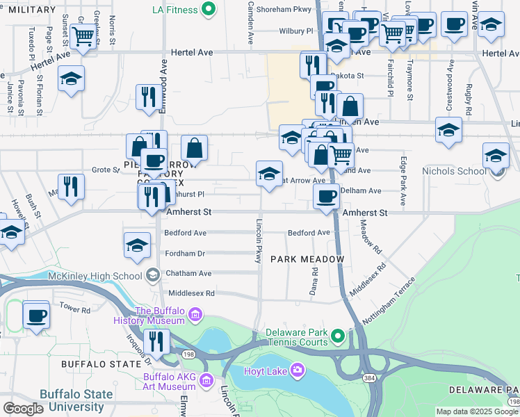 map of restaurants, bars, coffee shops, grocery stores, and more near 848 Amherst Street in Buffalo