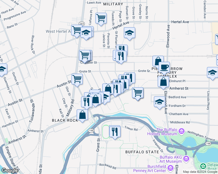 map of restaurants, bars, coffee shops, grocery stores, and more near 88 Bush Street in Buffalo