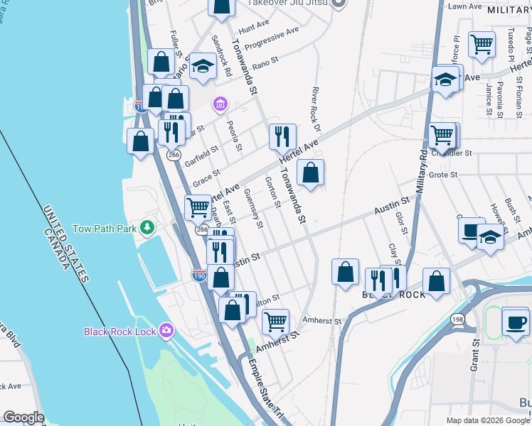 map of restaurants, bars, coffee shops, grocery stores, and more near 119 Farmer Street in Buffalo