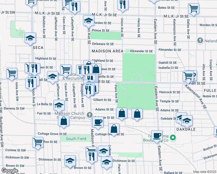map of restaurants, bars, coffee shops, grocery stores, and more near 500 Hall Street Southeast in Grand Rapids