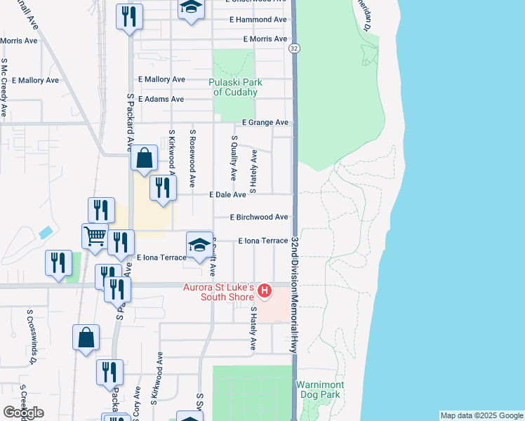 map of restaurants, bars, coffee shops, grocery stores, and more near 3908 East Birchwood Avenue in Cudahy