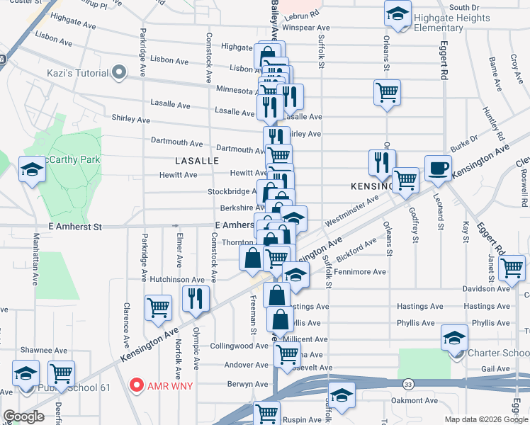 map of restaurants, bars, coffee shops, grocery stores, and more near 622 East Amherst Street in Buffalo