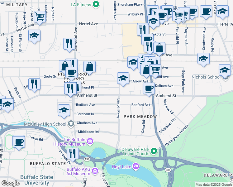 map of restaurants, bars, coffee shops, grocery stores, and more near 856 Amherst Street in Buffalo