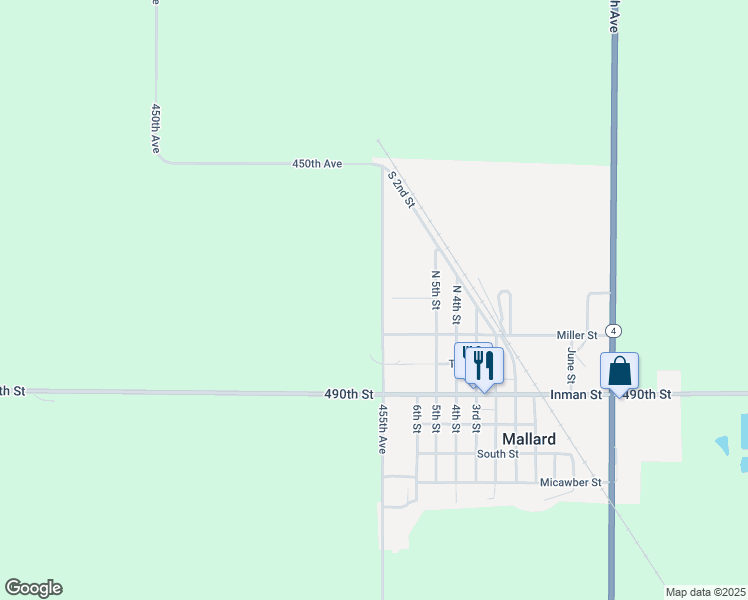 map of restaurants, bars, coffee shops, grocery stores, and more near 4853 455th Avenue in Mallard