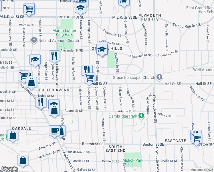 map of restaurants, bars, coffee shops, grocery stores, and more near 1212 Allerton Avenue Southeast in Grand Rapids