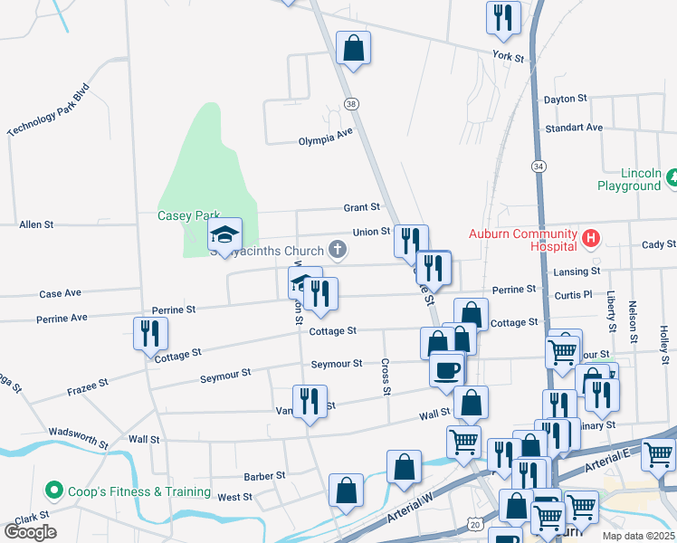 map of restaurants, bars, coffee shops, grocery stores, and more near 68 Pulaski Street in Auburn
