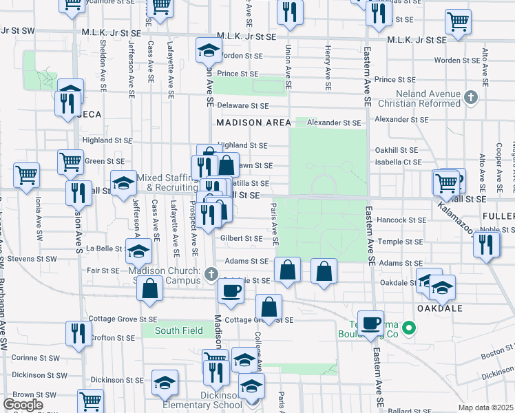 map of restaurants, bars, coffee shops, grocery stores, and more near 500 Hall Street Southeast in Grand Rapids