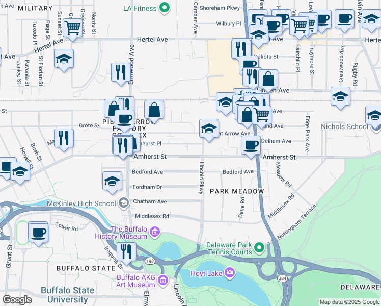 map of restaurants, bars, coffee shops, grocery stores, and more near 836 Amherst Street in Buffalo
