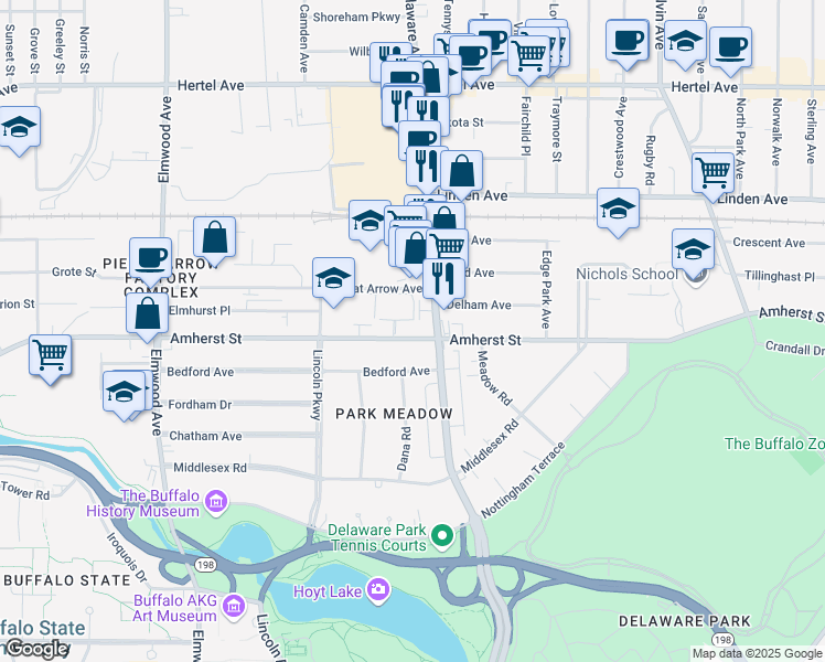 map of restaurants, bars, coffee shops, grocery stores, and more near 960 Amherst Street in Buffalo