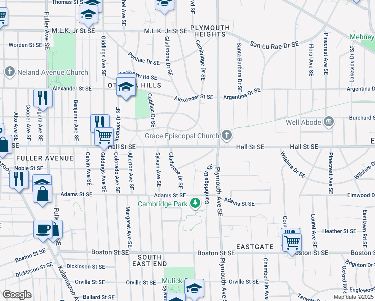 map of restaurants, bars, coffee shops, grocery stores, and more near 1664 Hall Street Southeast in Grand Rapids