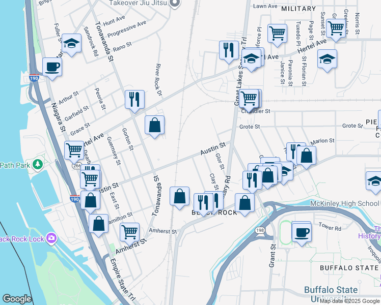 map of restaurants, bars, coffee shops, grocery stores, and more near 272 Austin Street in Buffalo