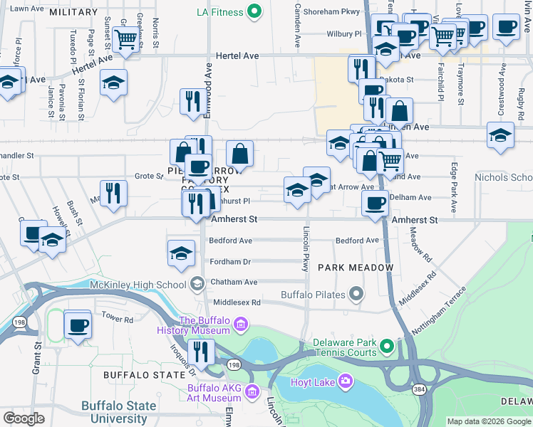 map of restaurants, bars, coffee shops, grocery stores, and more near 801 Amherst Street in Buffalo