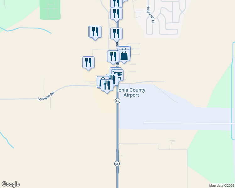 map of restaurants, bars, coffee shops, grocery stores, and more near 3512 South State Road in Ionia