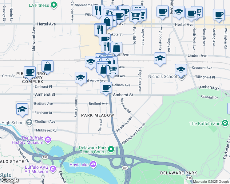map of restaurants, bars, coffee shops, grocery stores, and more near 1011 Amherst Street in Buffalo