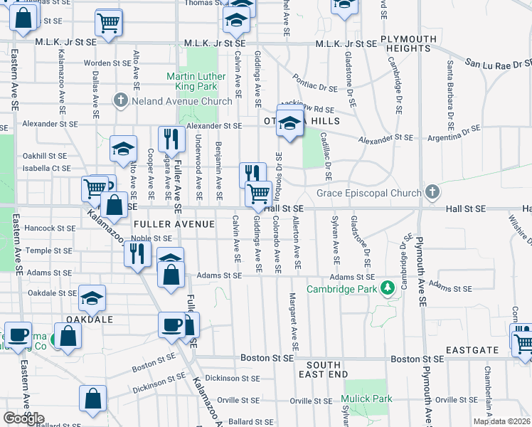 map of restaurants, bars, coffee shops, grocery stores, and more near 1410 Hall Street Southeast in Grand Rapids