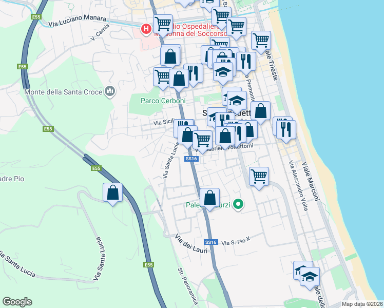 map of restaurants, bars, coffee shops, grocery stores, and more near 19 Via Silvio Pellico in San Benedetto del Tronto
