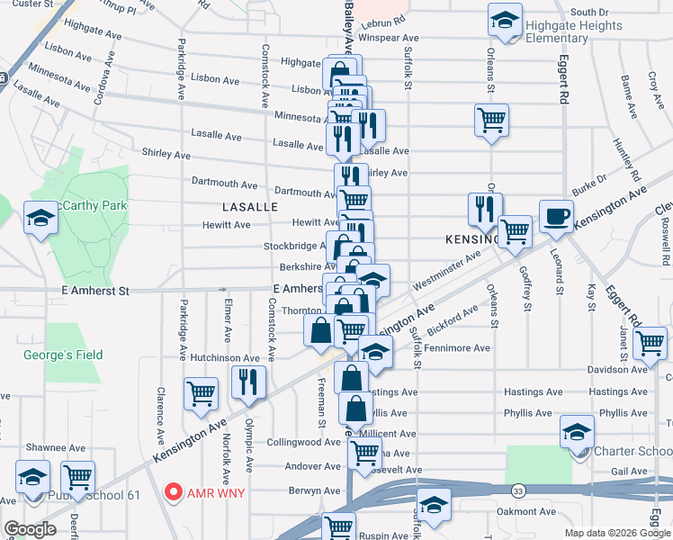 map of restaurants, bars, coffee shops, grocery stores, and more near 622 East Amherst Street in Buffalo