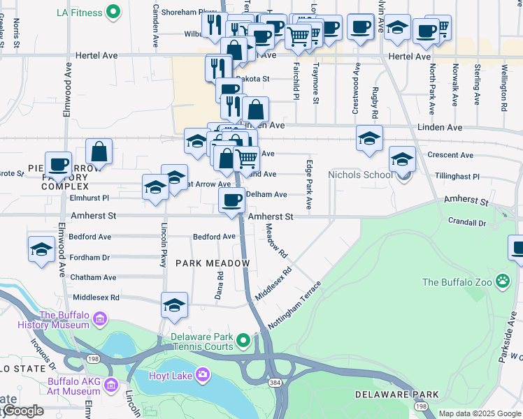 map of restaurants, bars, coffee shops, grocery stores, and more near 1011 Amherst Street in Buffalo