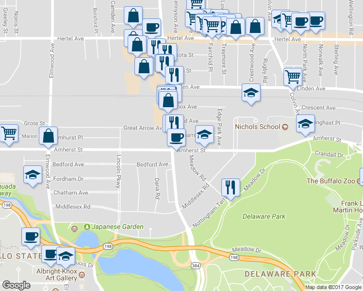 map of restaurants, bars, coffee shops, grocery stores, and more near 1011 Amherst Street in Buffalo