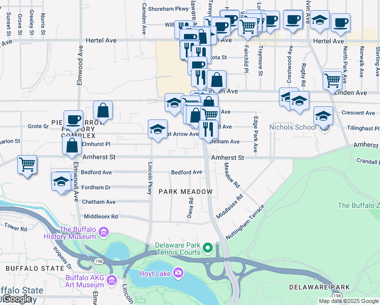 map of restaurants, bars, coffee shops, grocery stores, and more near 969 Amherst Street in Buffalo