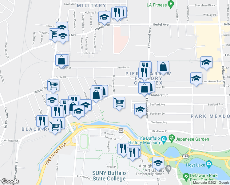 map of restaurants, bars, coffee shops, grocery stores, and more near in Buffalo