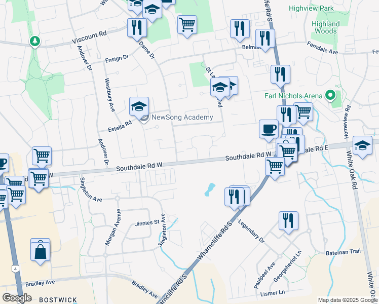 map of restaurants, bars, coffee shops, grocery stores, and more near 156 Southdale Road West in London