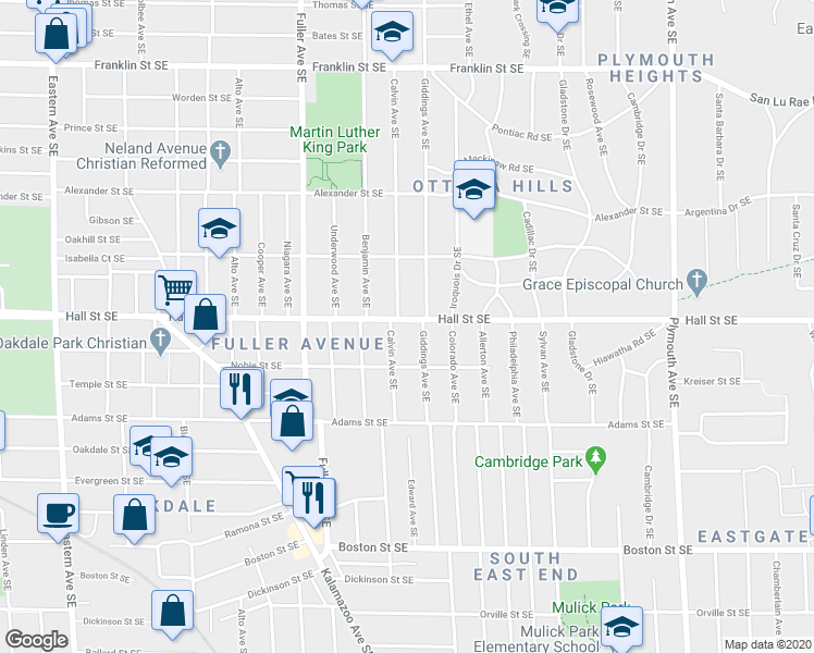 map of restaurants, bars, coffee shops, grocery stores, and more near 1215 Giddings Avenue Southeast in Grand Rapids