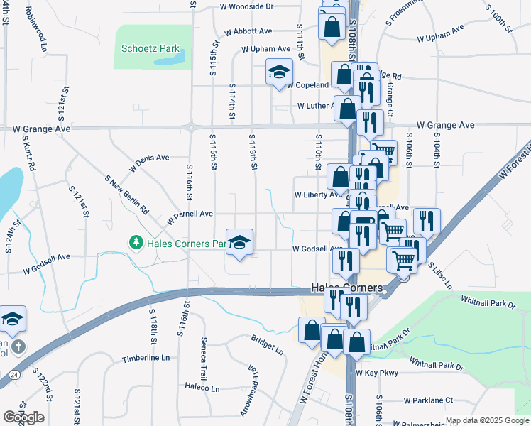 map of restaurants, bars, coffee shops, grocery stores, and more near 5713 South 112th Street in Hales Corners
