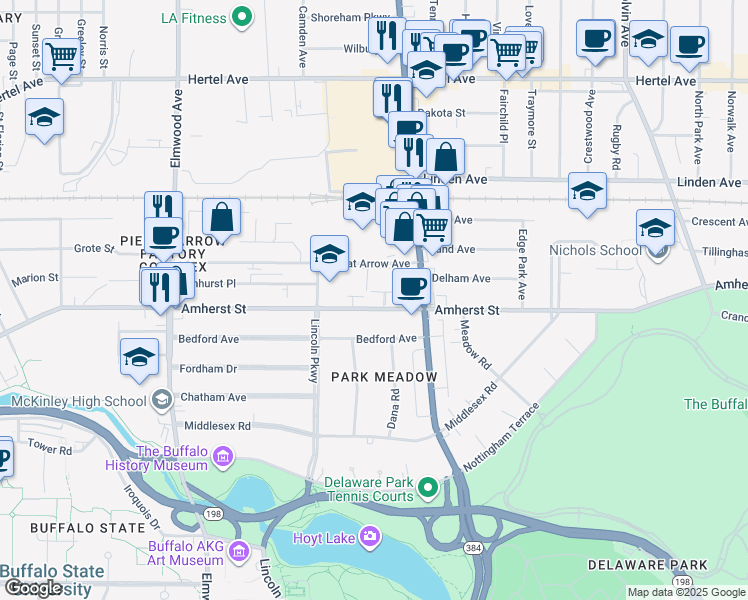 map of restaurants, bars, coffee shops, grocery stores, and more near 925 Amherst Street in Buffalo