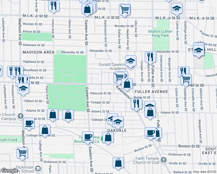 map of restaurants, bars, coffee shops, grocery stores, and more near 1217 Butler Avenue Southeast in Grand Rapids