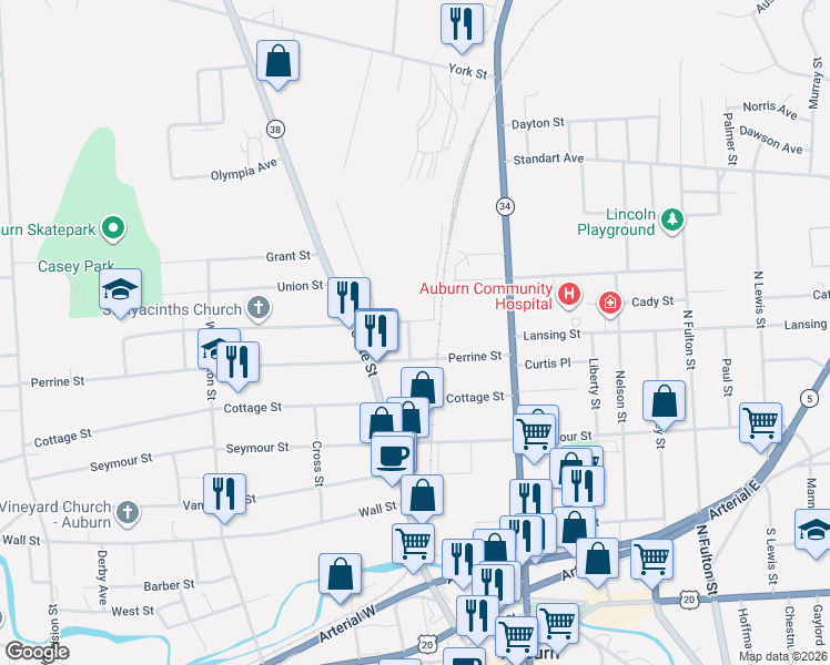 map of restaurants, bars, coffee shops, grocery stores, and more near 6 Rock Avenue in Auburn