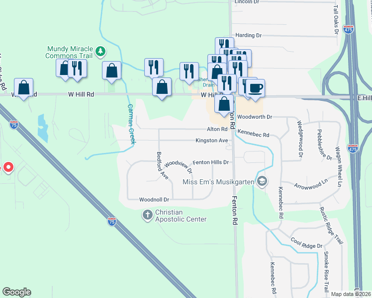 map of restaurants, bars, coffee shops, grocery stores, and more near 1092 Fenton Hills Drive in Flint