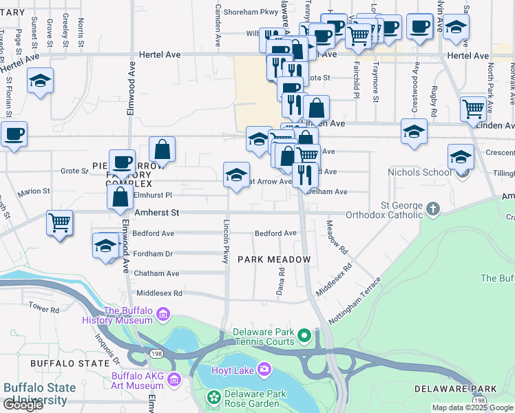 map of restaurants, bars, coffee shops, grocery stores, and more near 920 Amherst Street in Buffalo