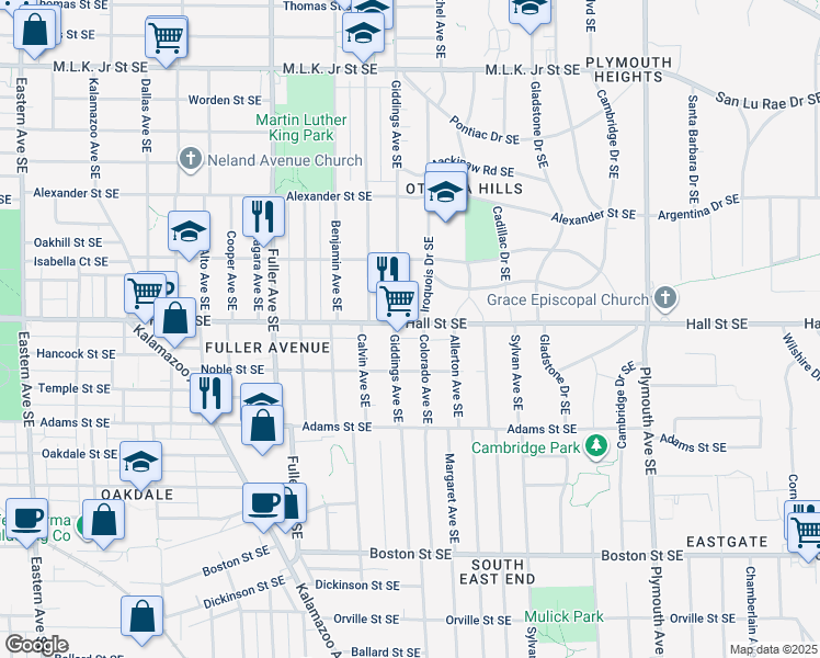 map of restaurants, bars, coffee shops, grocery stores, and more near 1412 Hall Street Southeast in Grand Rapids
