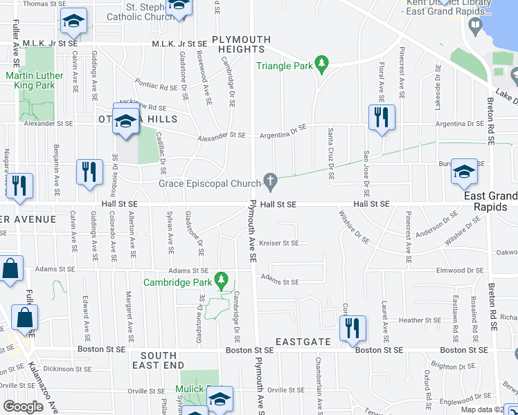 map of restaurants, bars, coffee shops, grocery stores, and more near 1804 Hall Street Southeast in Grand Rapids