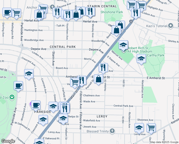 map of restaurants, bars, coffee shops, grocery stores, and more near 2700 Main Street in Buffalo