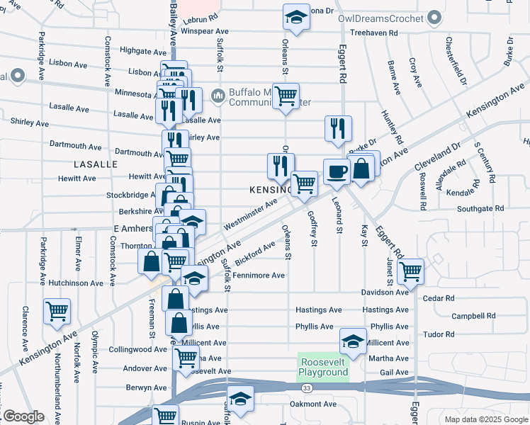 map of restaurants, bars, coffee shops, grocery stores, and more near 1278 Kensington Avenue in Buffalo